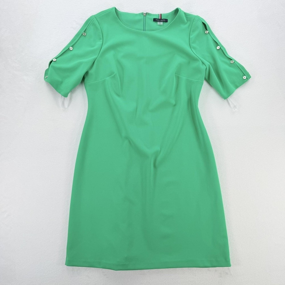 Tommy Hilfiger Dress Womens 10 Green Sheath Button Sleeve Stretch Knee Length